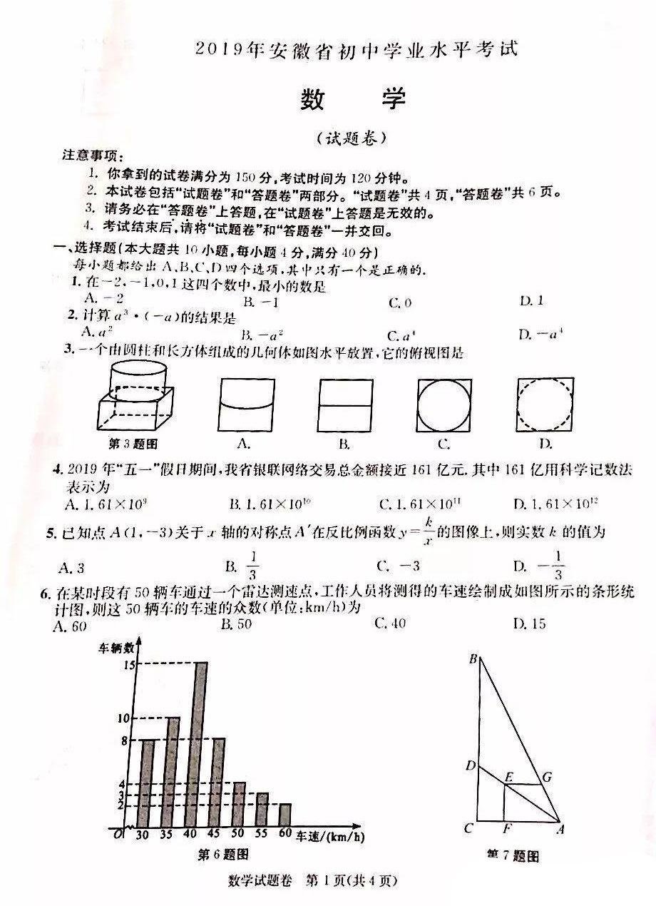 2019年安徽省宣城市中考數學真題圖片版含答案